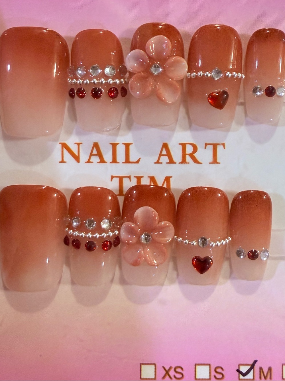 Peach Ombre Press-On Nails with 3D Flower and Rhinestones